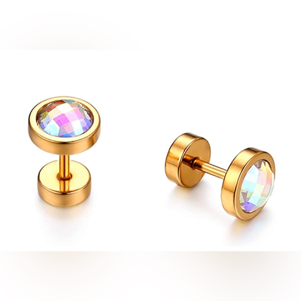 2pcs Stainless Steel Gold Stud Earrings with AB Iridescent Crystal (Nwot)